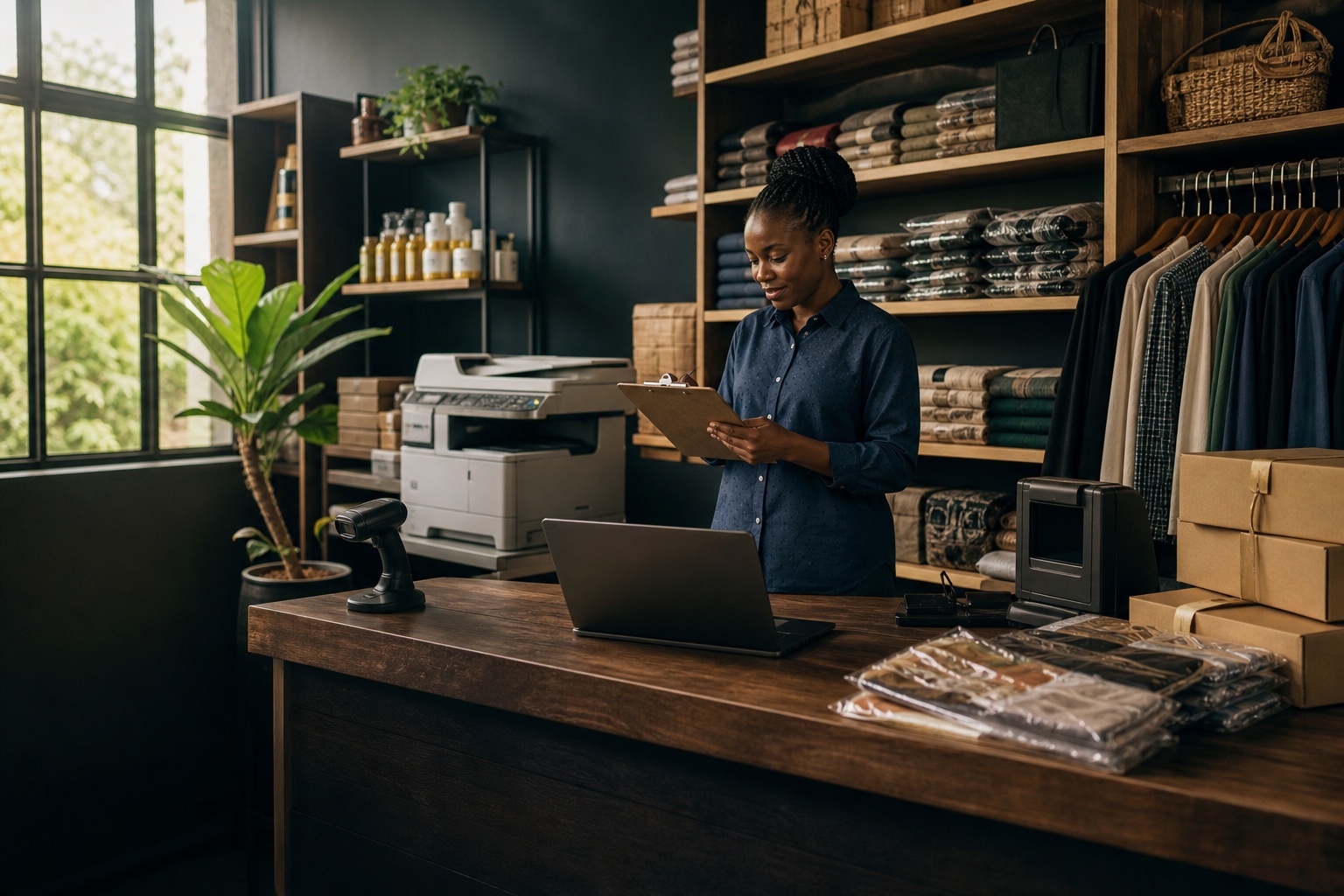 Ugandan business owner checking insured stock, equipment and portable items