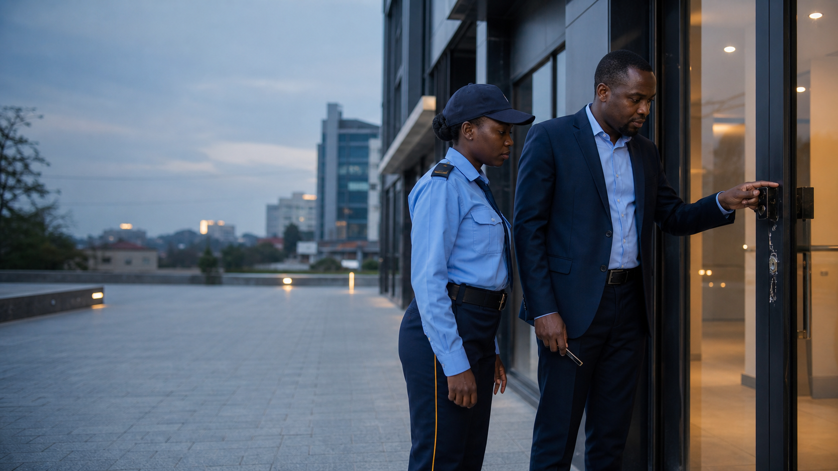 A security officer and business owner inspecting a forced door lock at dusk