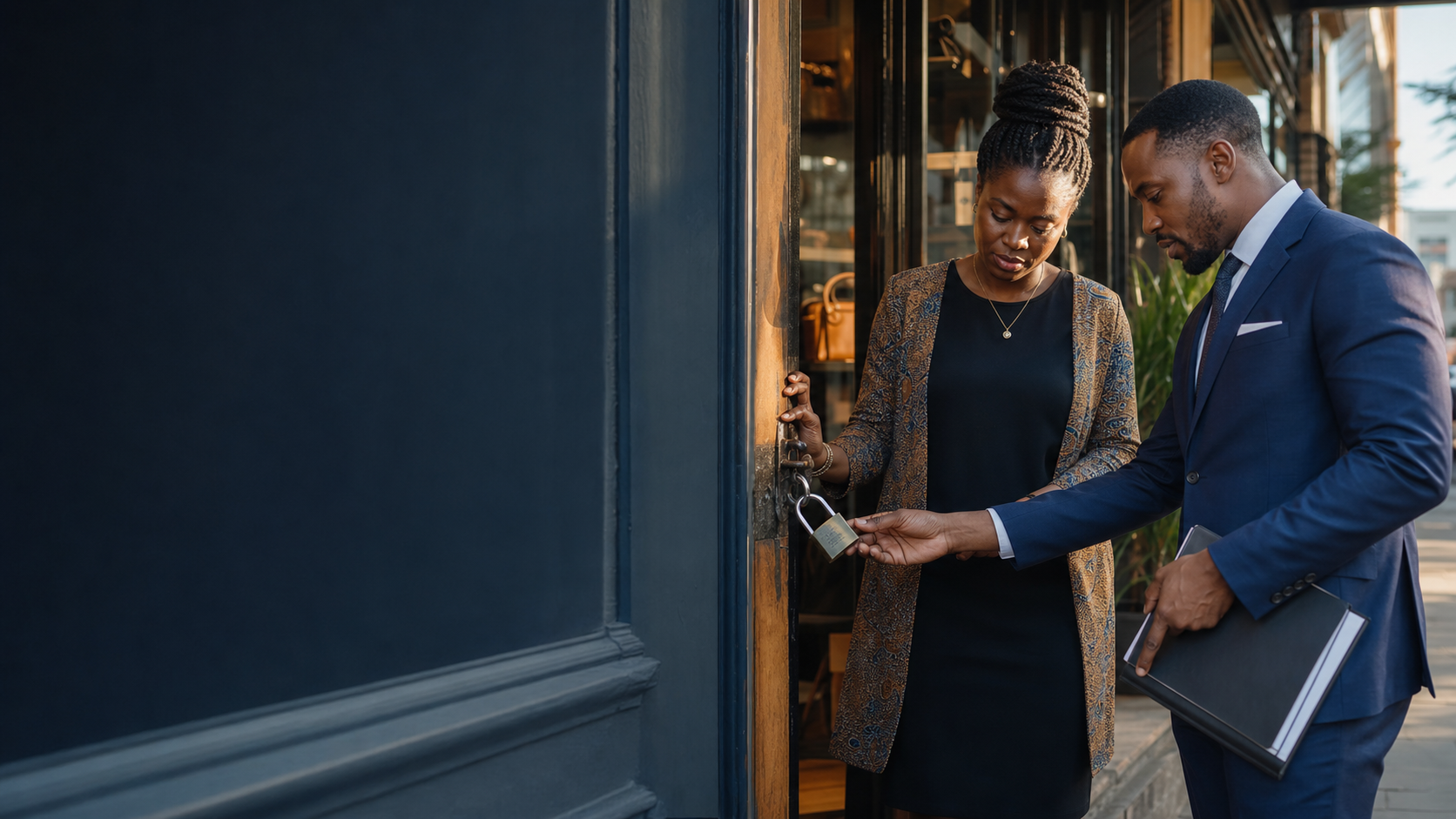 A Ugandan business owner securing premises alongside a GoldStar advisor