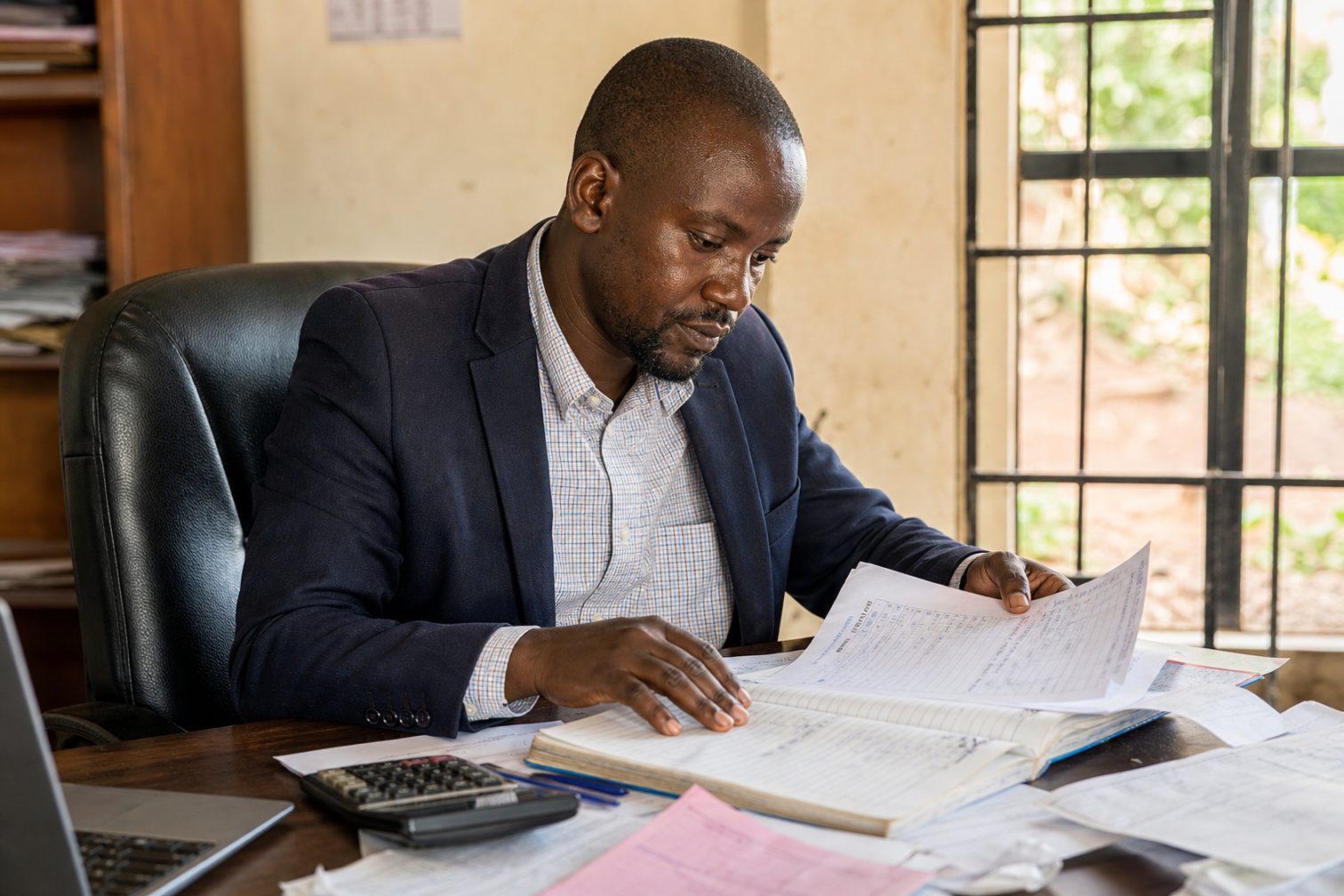 Ugandan business owner reviewing financial records to assess an interruption claim