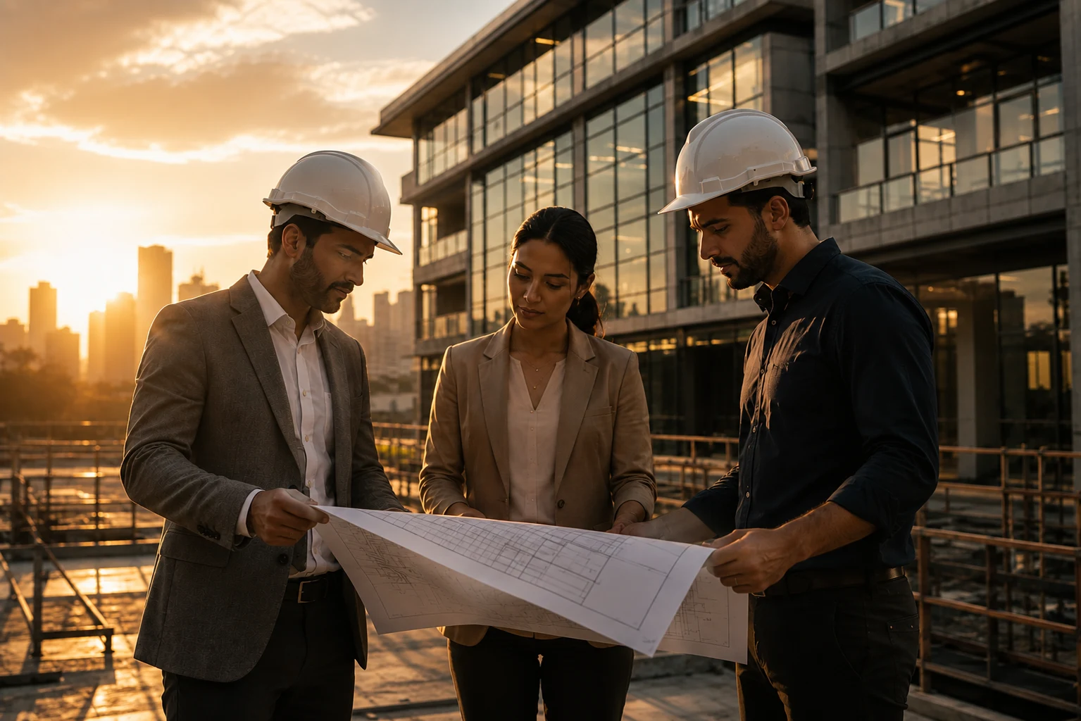 Construction professionals reviewing architectural plans at sunset