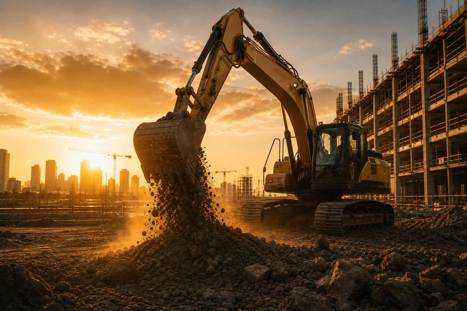 Excavator moving soil on a construction site at sunset