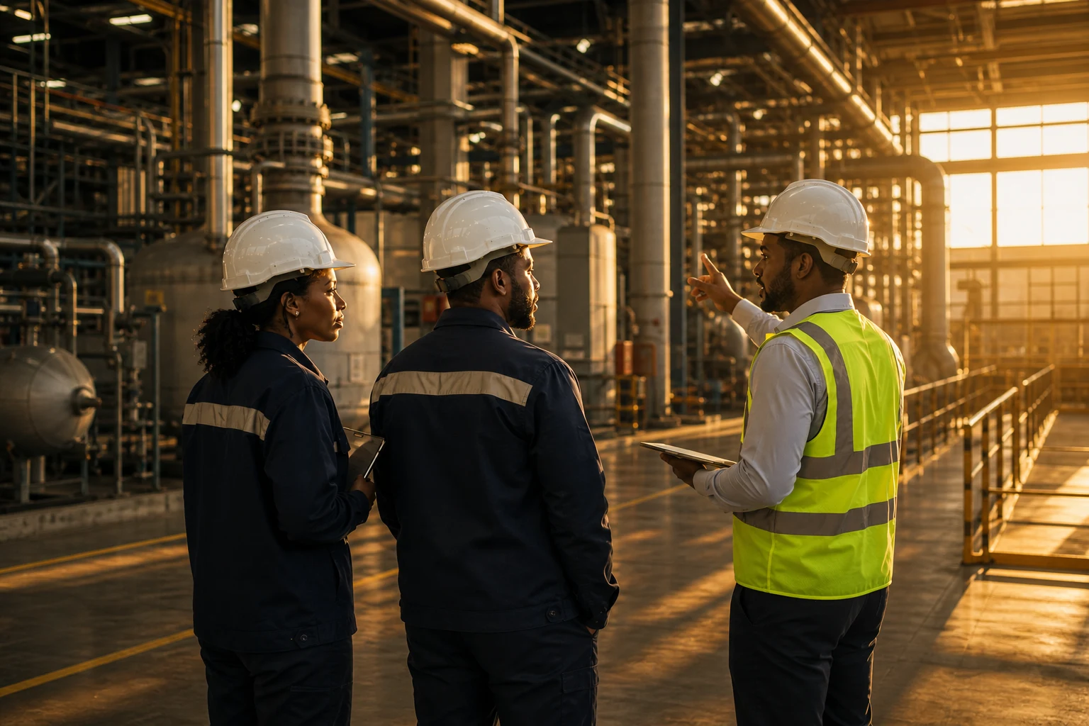 Industrial workers conducting a safety inspection inside a factory