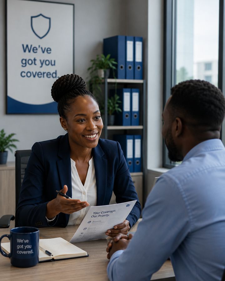 A GoldStar adviser talking a customer through their cover at the Kampala head office