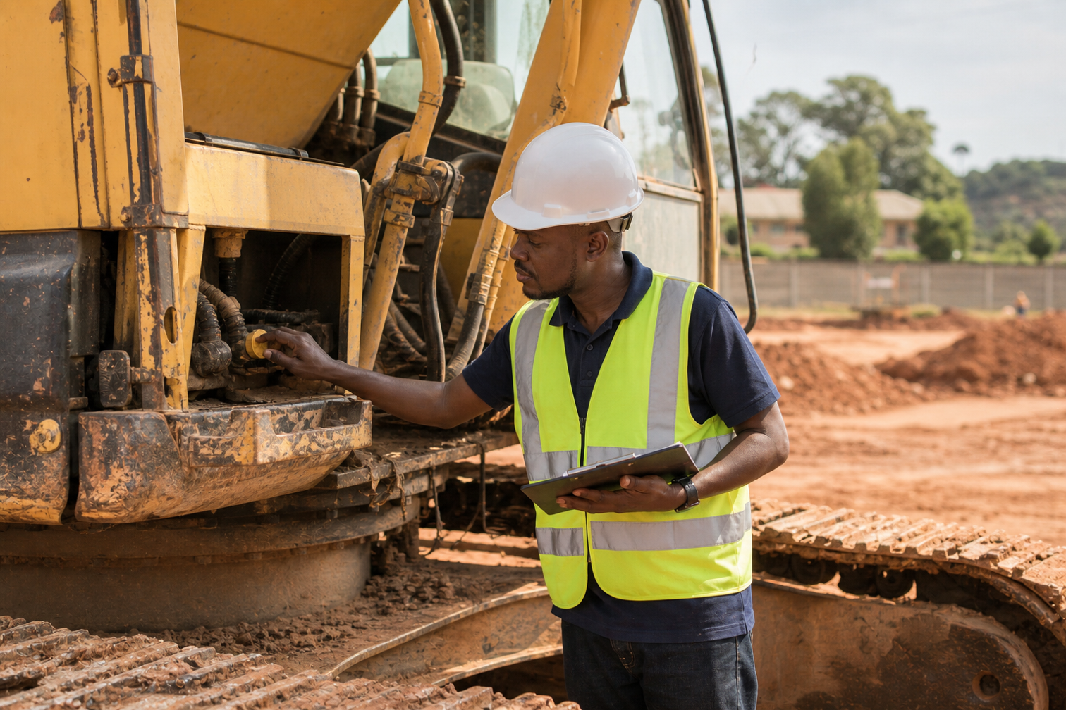 Ugandan site engineer inspecting a construction excavator on site