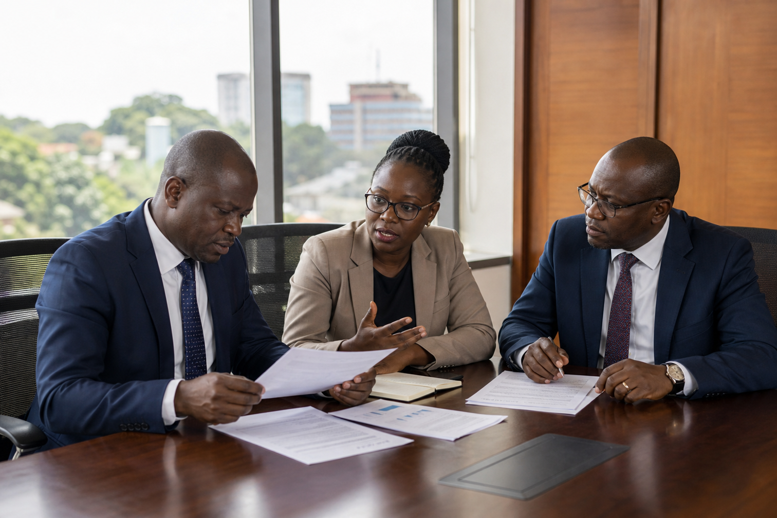 Ugandan company directors reviewing documents around a boardroom table