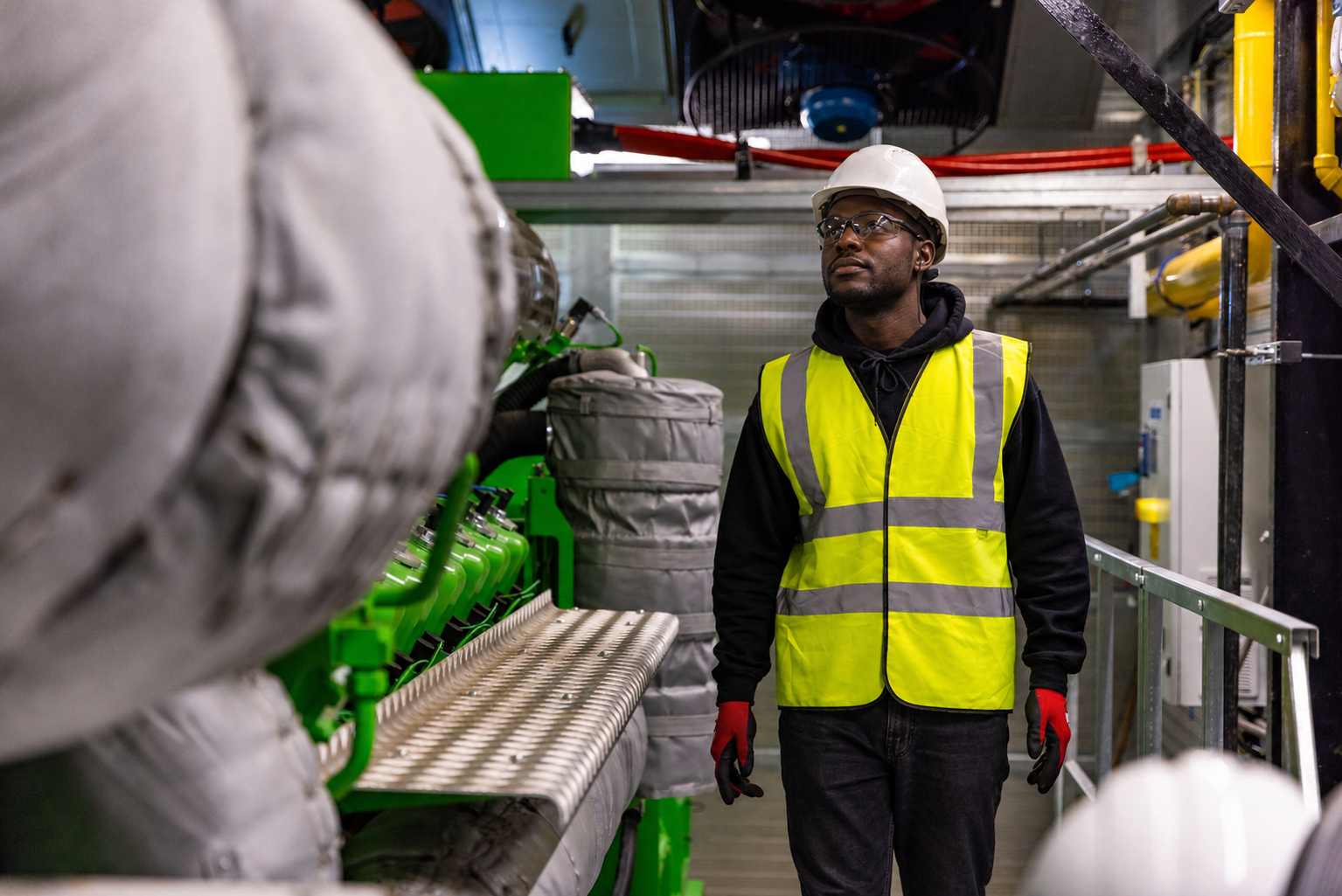 Ugandan factory engineer in safety gear inspecting industrial machinery