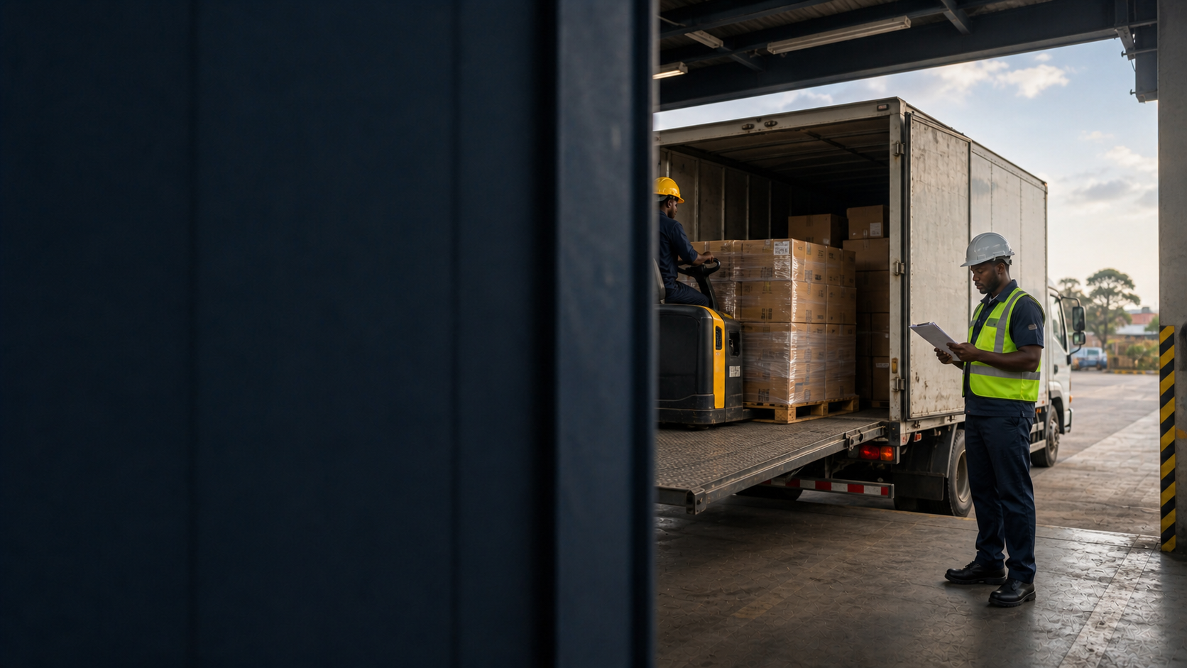 Logistics professionals checking packaged goods beside a delivery truck