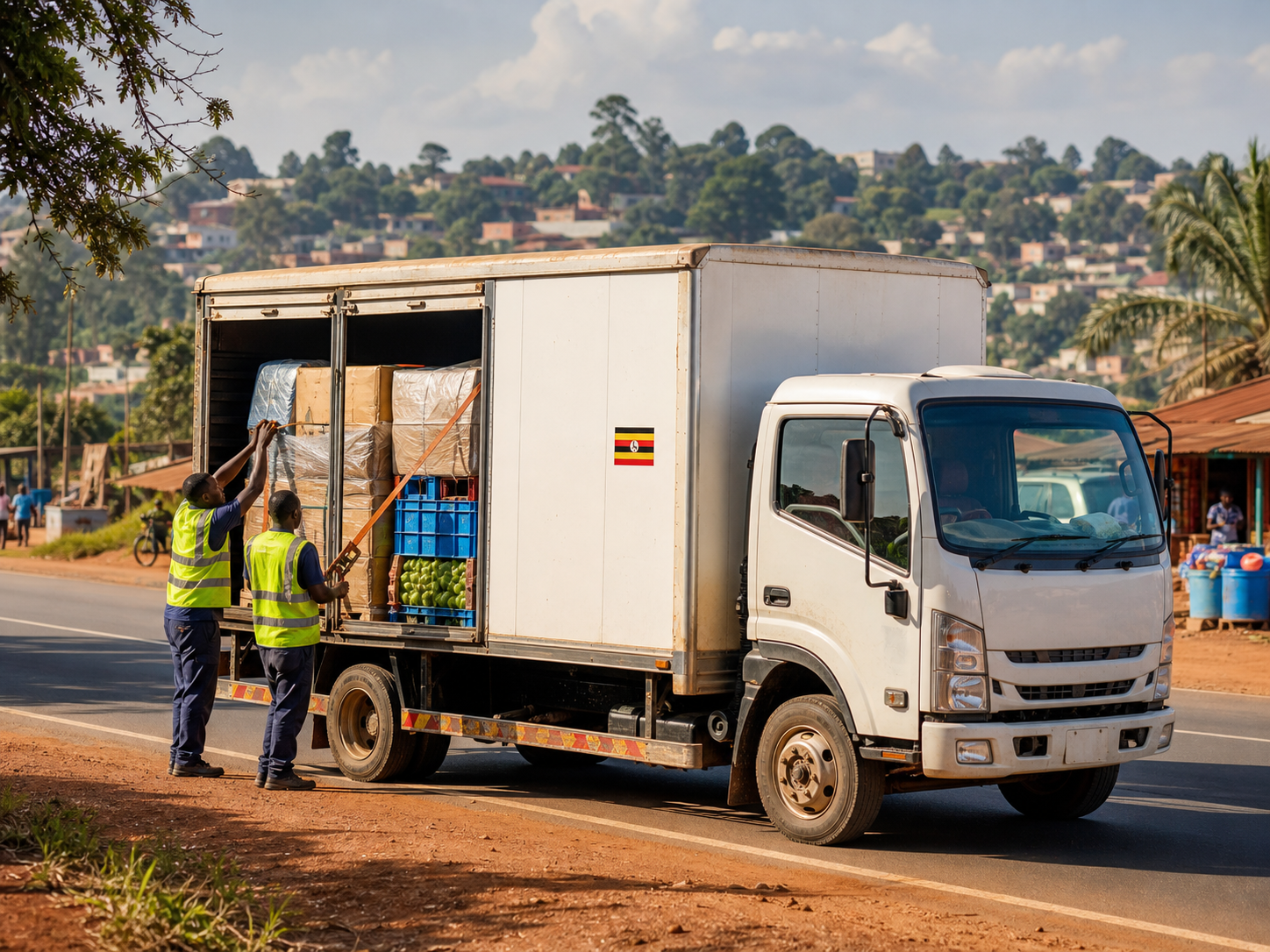 Workers loading a delivery truck in Uganda