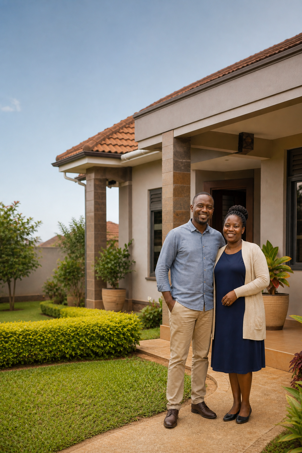 Ugandan homeowners outside their home