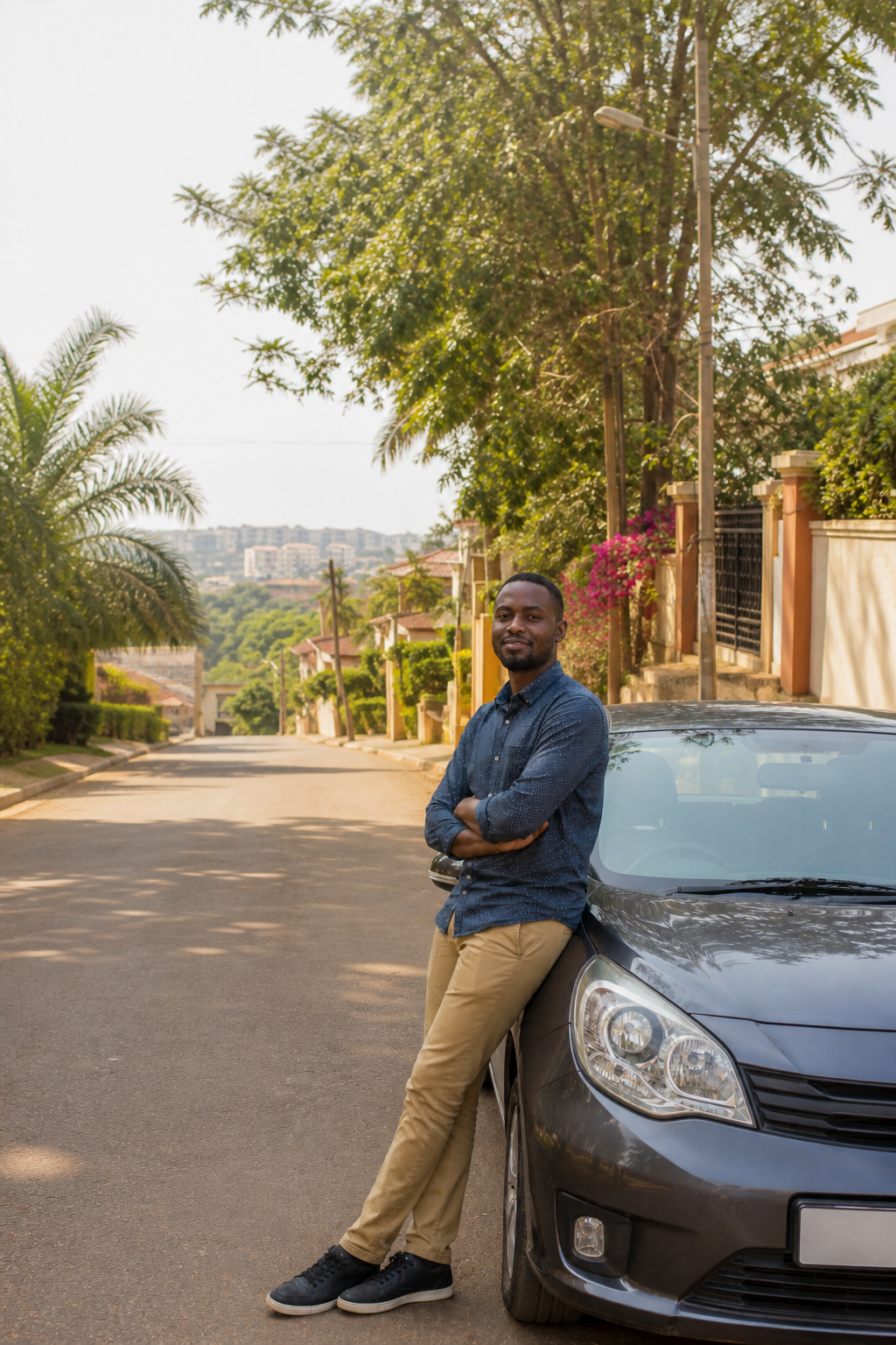 Ugandan driver beside a car in Kampala