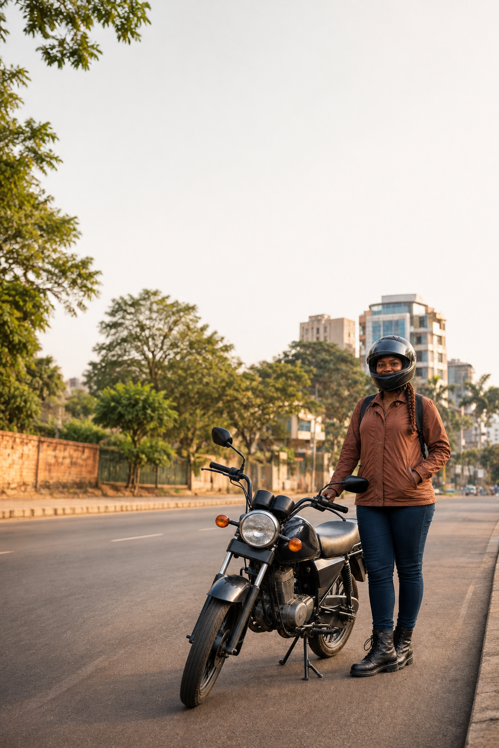Helmeted Ugandan motorcycle rider in Kampala