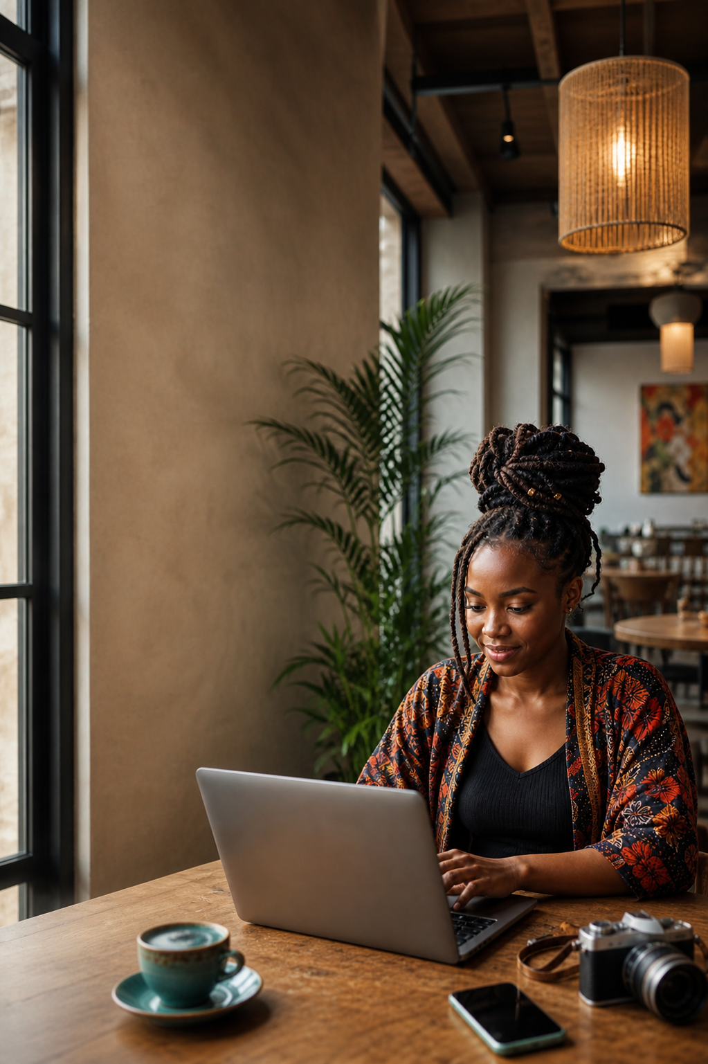 Ugandan professional using a laptop and phone