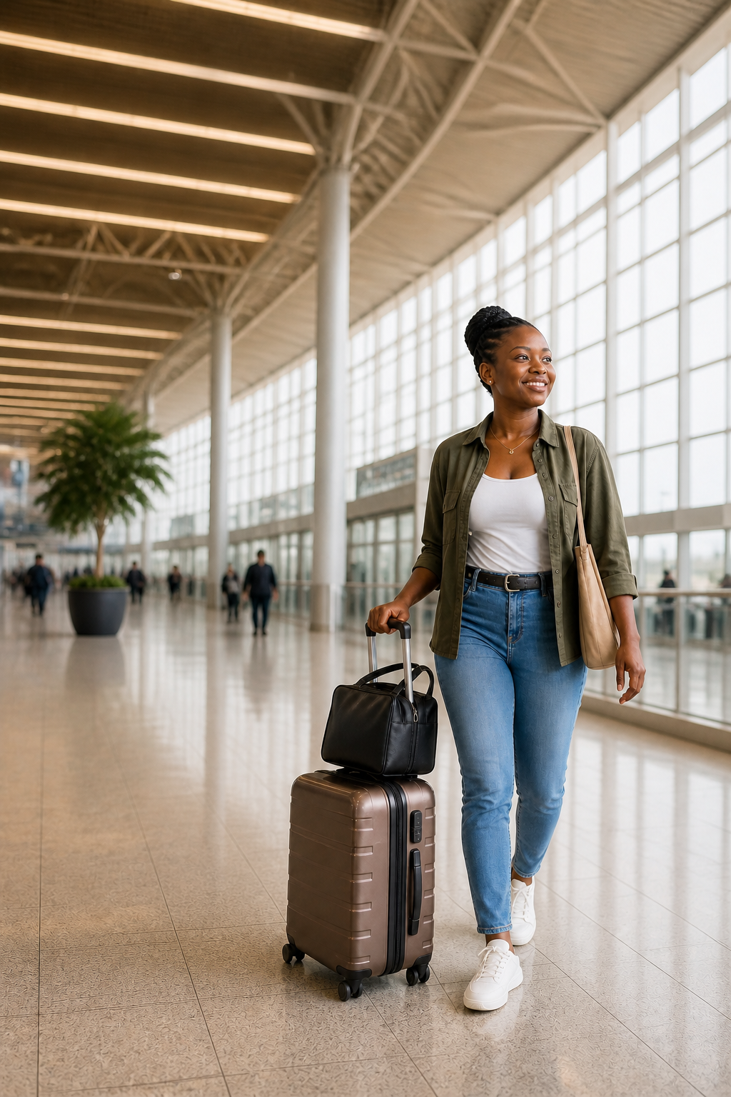 Ugandan traveler with luggage at an airport
