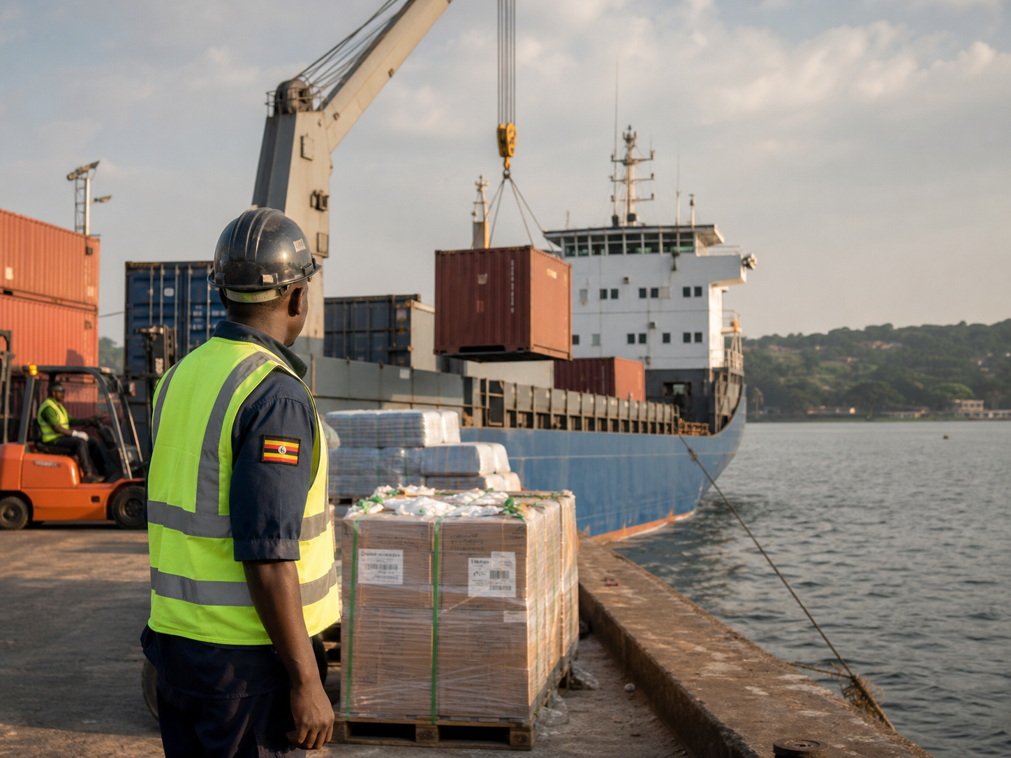 Cargo ship being loaded at a Ugandan port