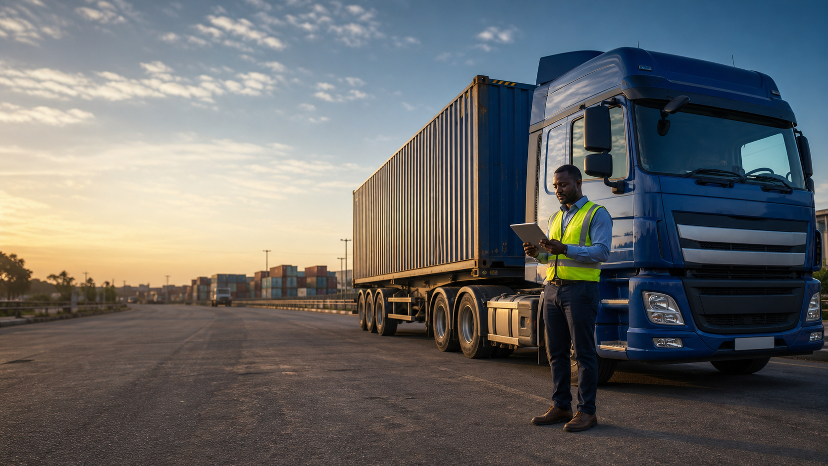 A logistics professional checking a container shipment beside a freight truck