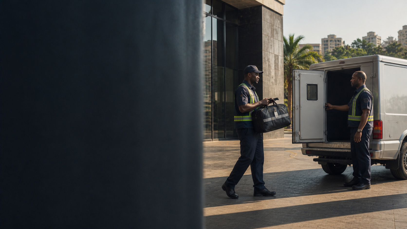A business representative handing a sealed deposit bag to a secure courier