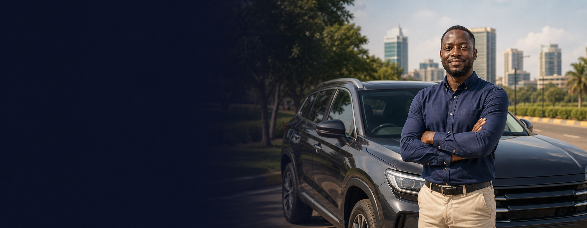 Ugandan vehicle owner standing beside an insured sport utility vehicle