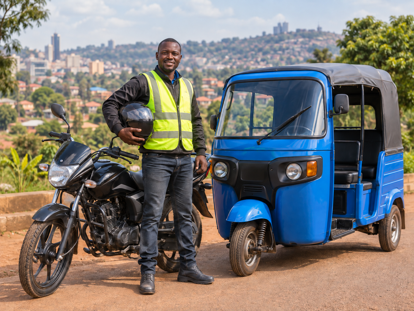 Ugandan rider standing beside an insured motorcycle and motor tricycle
