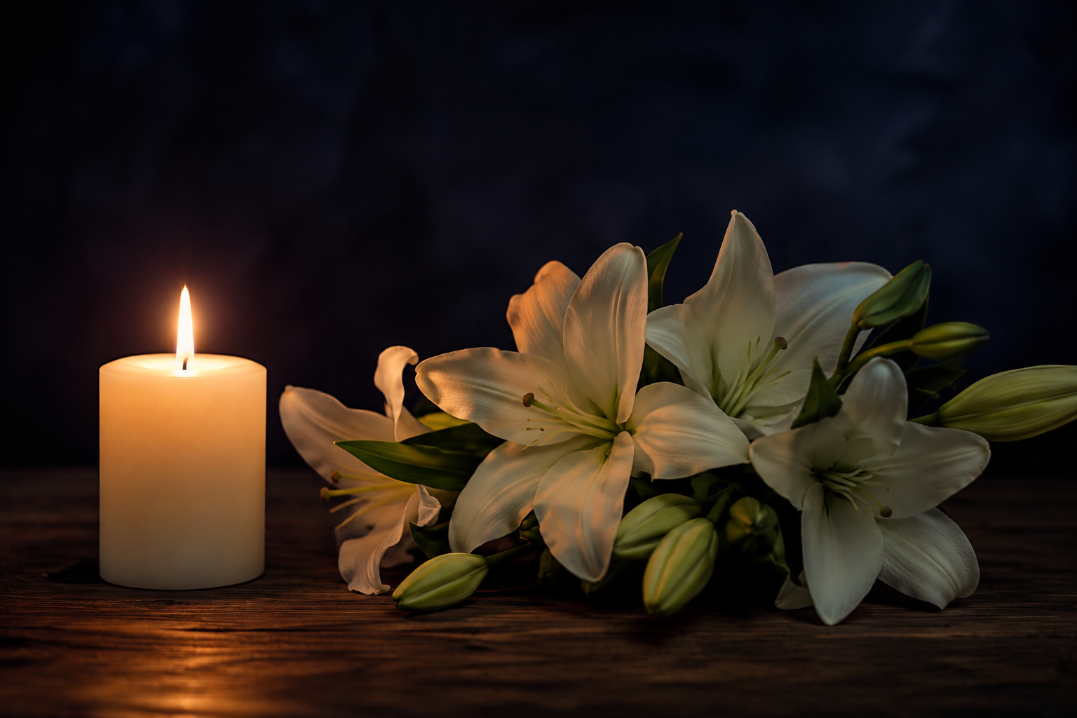 Candle and white lilies in memory of Norine Babirye