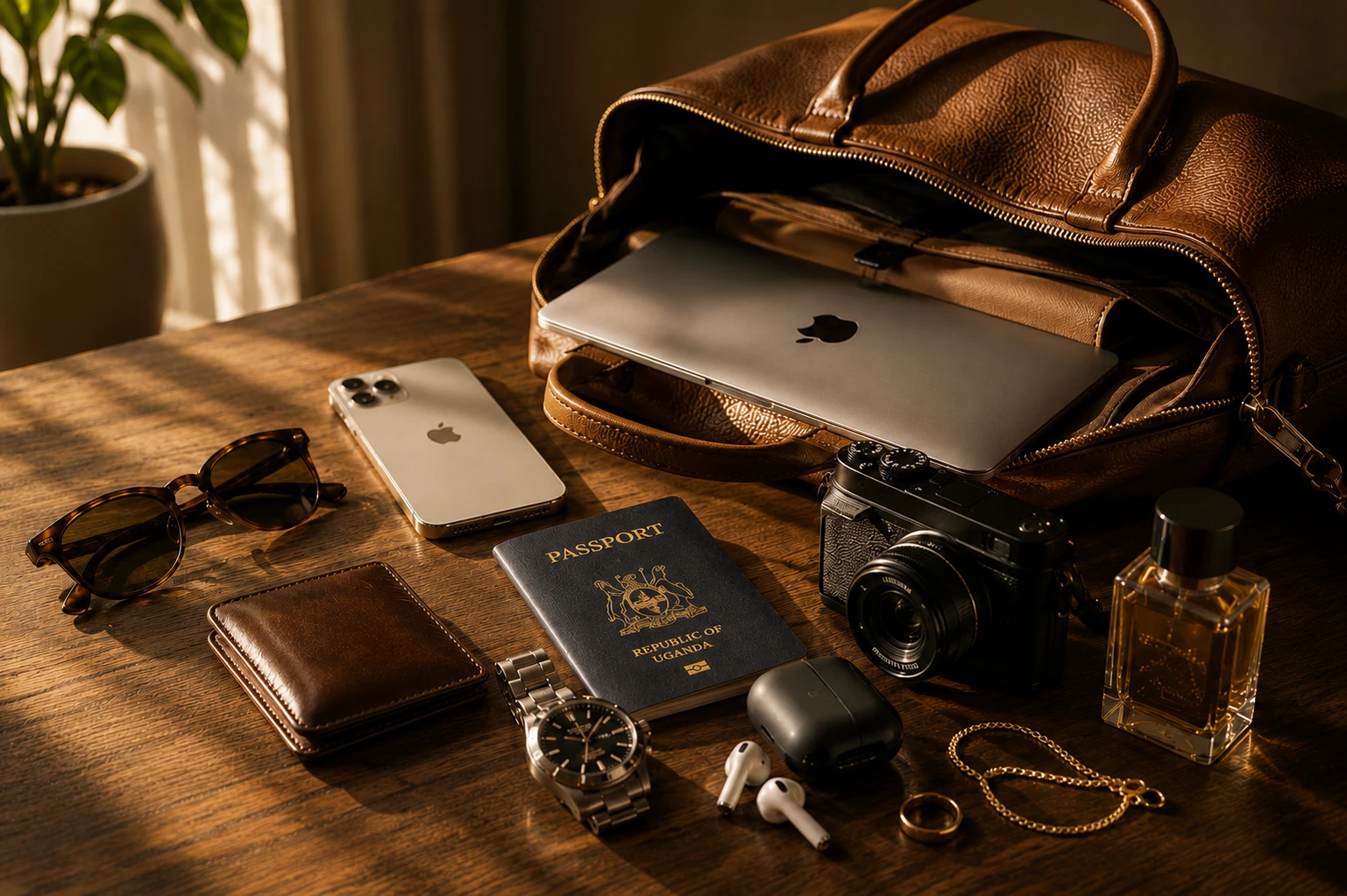 Personal valuables including a laptop, phone, camera, passport and watch