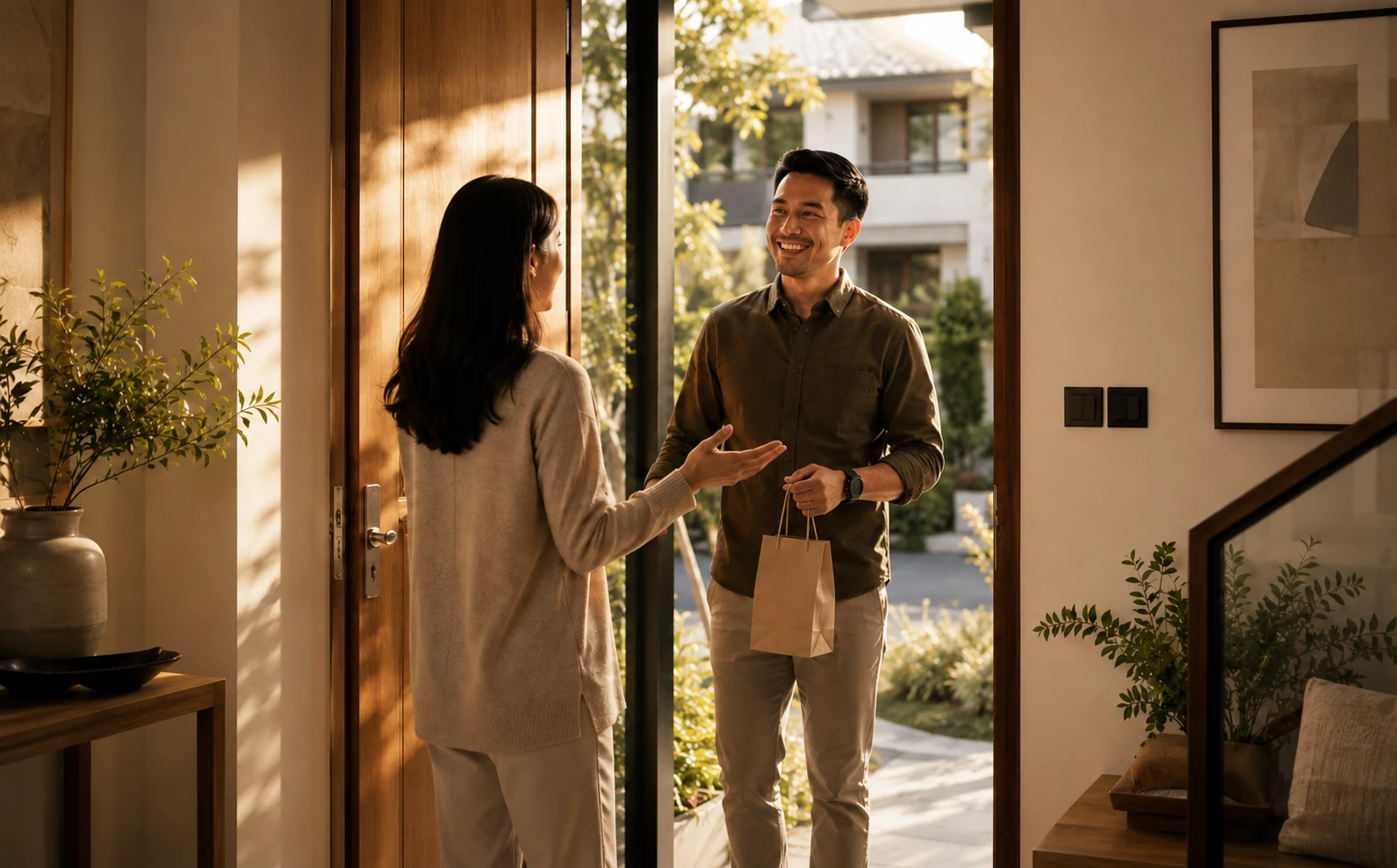 A homeowner welcoming a visitor at the front door