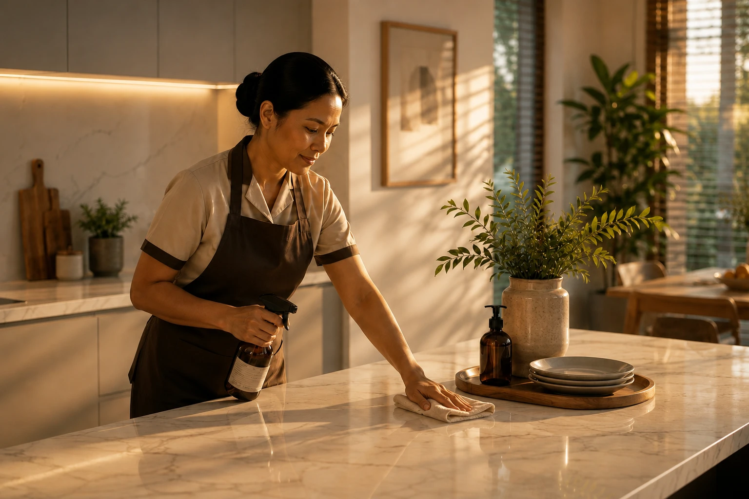 A domestic employee cleaning a kitchen