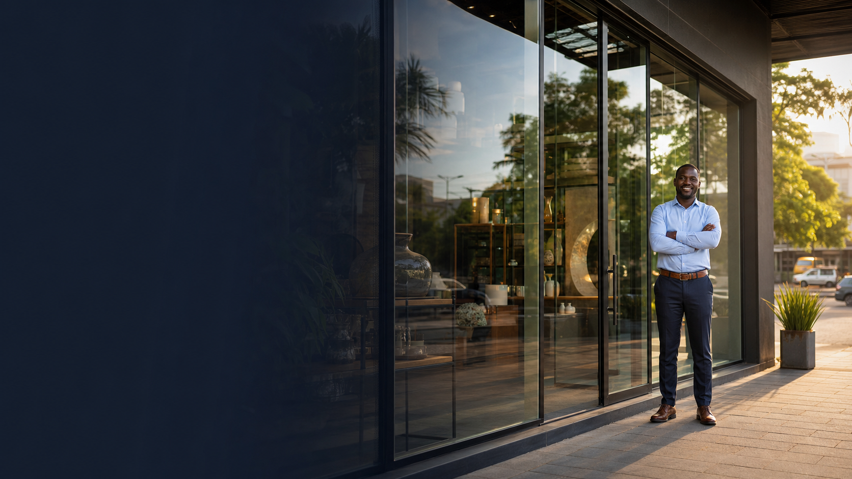 A business owner outside insured shopfront glazing at dusk