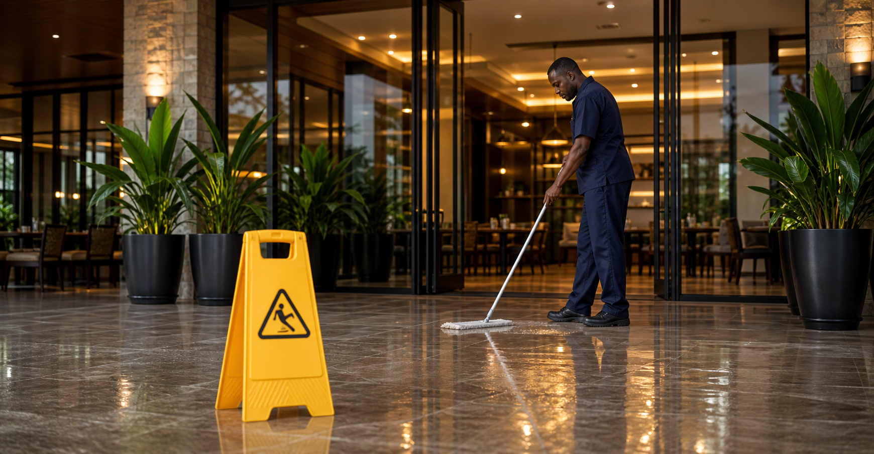 Hospitality employee cleaning a wet floor beside a caution sign