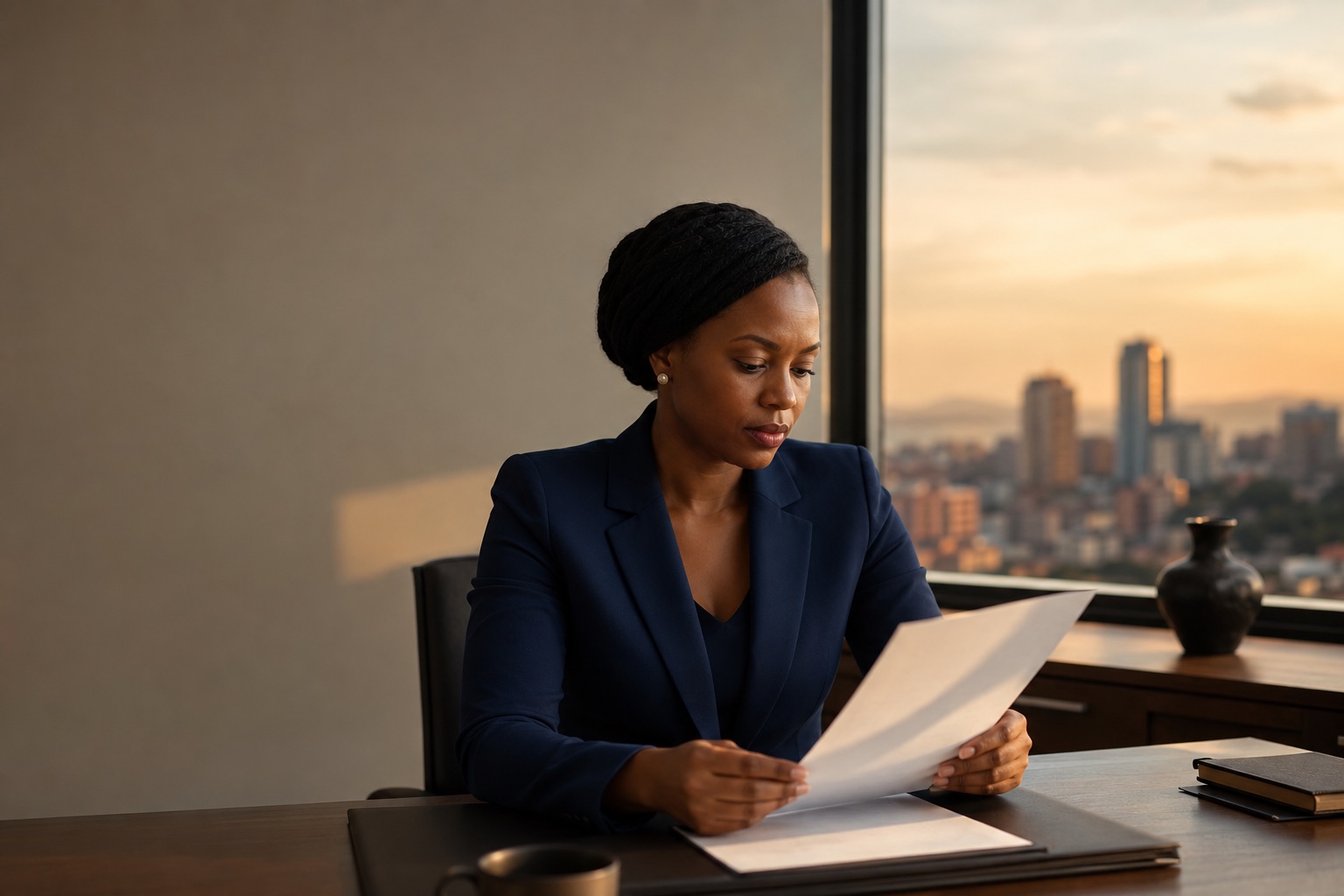 A GoldStar officer at her desk reading through a document, a Kampala skyline at dusk behind her.