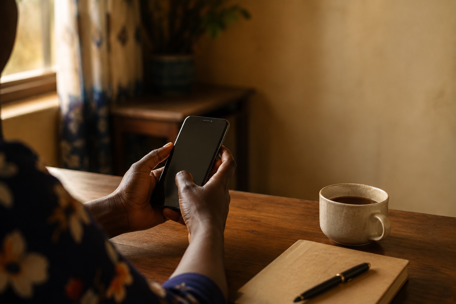 Someone sitting at a table at home, holding a phone and about to make a call.