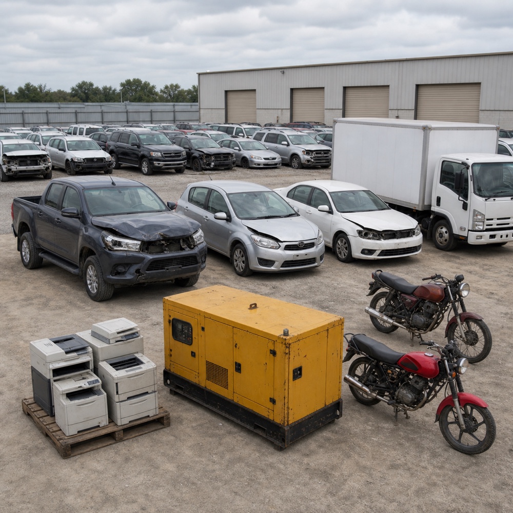 Salvage vehicles and equipment lined up in a GoldStar salvage lot, open for bidding