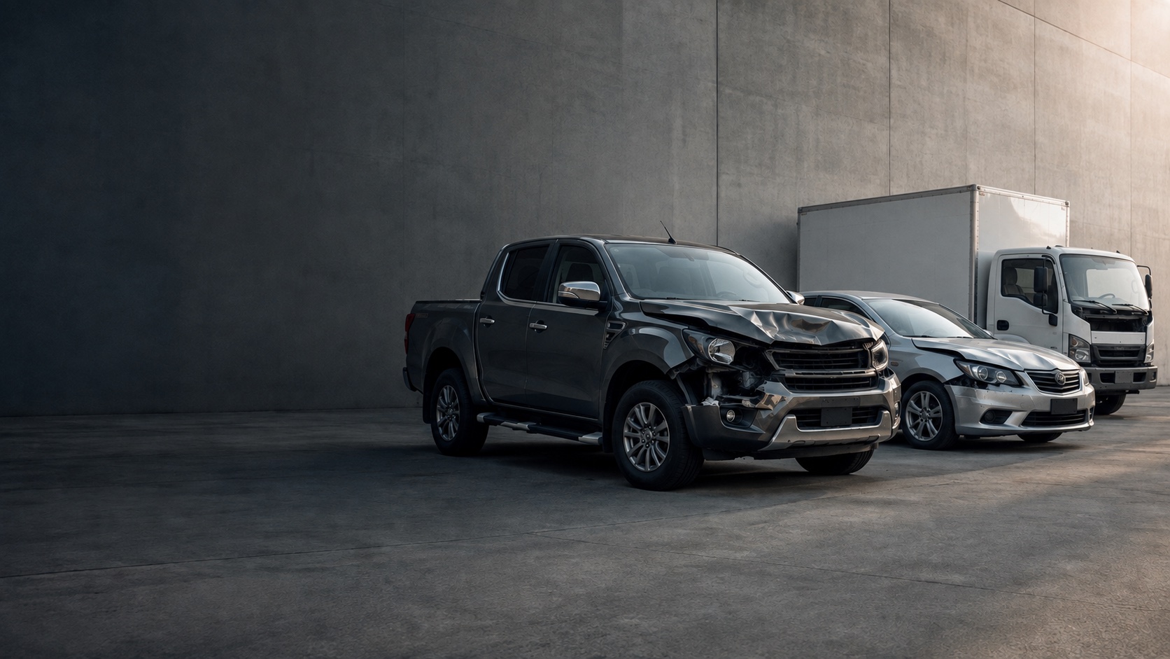 Recovered insurance salvage vehicles — a damaged pickup, car and box truck — lined up on a GoldStar salvage lot